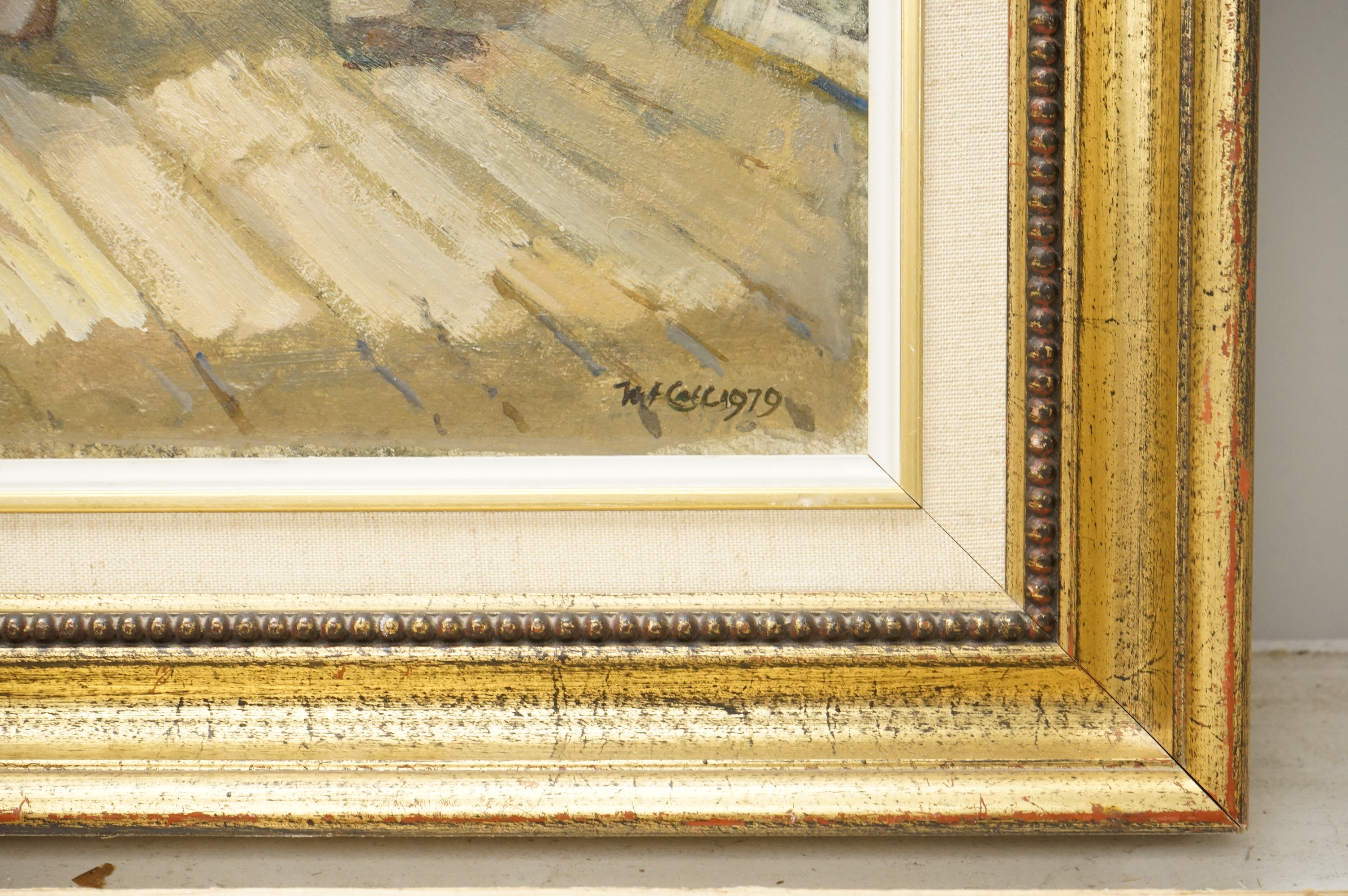 Charles McCall (Scottish, 1907-1989), 'The Studio', signed and dated 1979, various labels verso to include Christies, St. James, London, September 1995 and inscribed King Street Galleries label, oil on board, 31 x 26cm